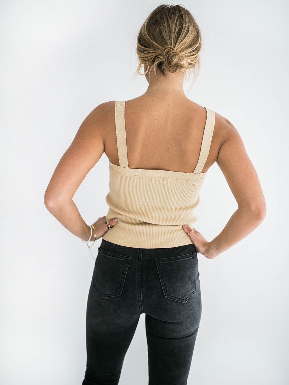 Cream Ribbed Button-Front Square Neck Tank - Picture 2 of 5